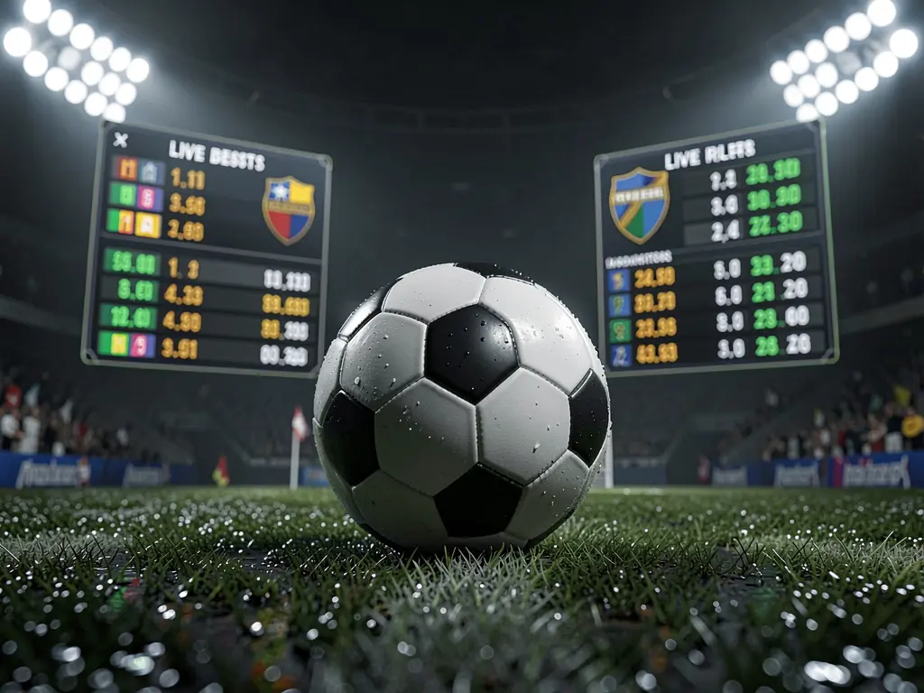 F333.com football betting page banner featuring a soccer ball on wet grass under dramatic stadium lights with glowing live odds graphics in a premium dark sports atmosphere