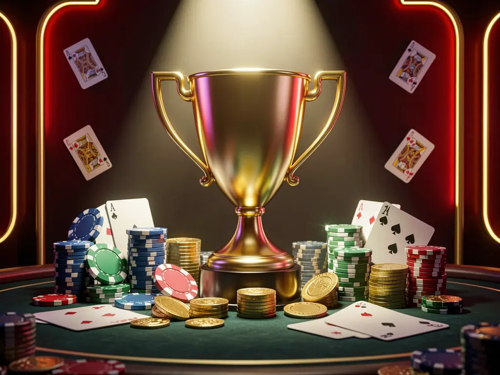 Golden trophy surrounded by poker chips, playing cards, and coins under a bright spotlight in a luxurious casino setting with red and gold neon accents, representing F333.com casino tournament bonus