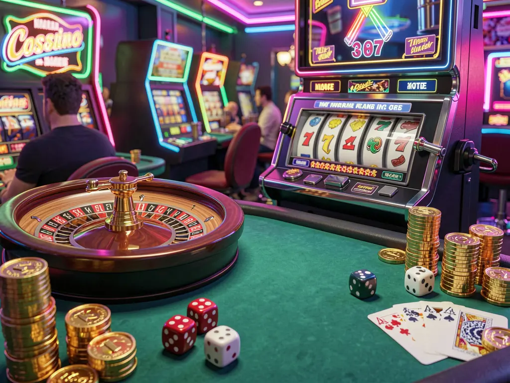 F333.com casino entertainment scene featuring slot machine, roulette wheel, dice, cards, and golden coins under colorful neon lights in an exciting premium atmosphere