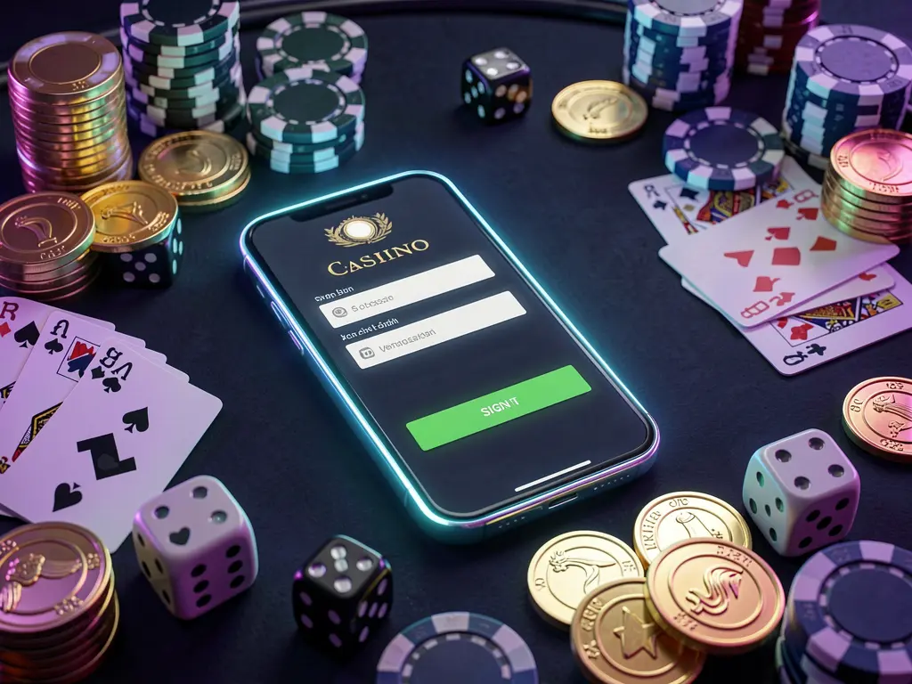 F333.com casino account sign in scene with a glowing smartphone on a casino table surrounded by cards, chips, dice, and gold coins against an elegant dark background with neon highlights